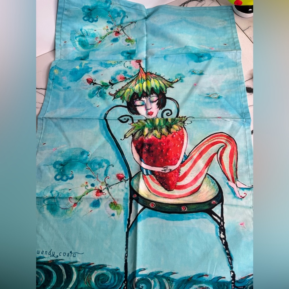 Hand painted strawberry girl tea towel